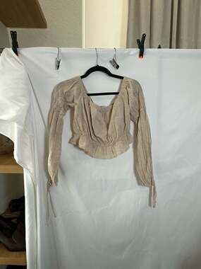 HYFVE Beige Eyelet Embroidered Long Sleeve Crop Top, Size Small